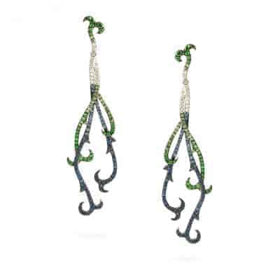 18ct Peacock Cocktail Earrings With Garnets and Sapphire 18ct Peacock Cocktail Earrings With Garnets and Sapphire