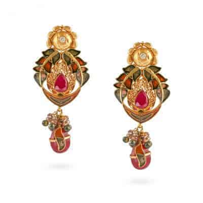 22ct Gold Earrings with Ruby, Tourmaline & Enamel Detailing