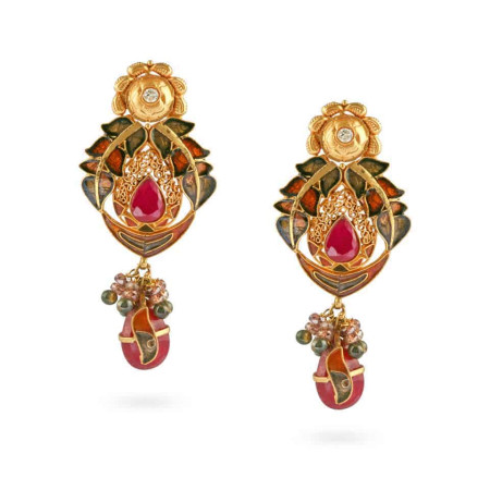 22ct Gold Earrings with Ruby, Tourmaline & Enamel Detailing 22ct Gold Earrings with Ruby, Tourmaline & Enamel Detailing