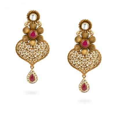 22ct Gold Floral Drop Earrings with Ruby-Coloured Accents