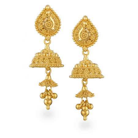 22ct Gold Jhumka Earrings with Dome Filigree 22ct Gold Jhumka Earrings with Dome Filigree