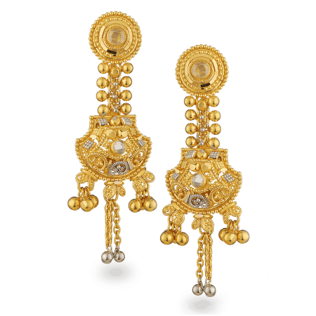 22ct Gold Dangle Filigree Earrings With Polki Stone 22ct Gold Dangle Filigree Earrings With Polki Stone