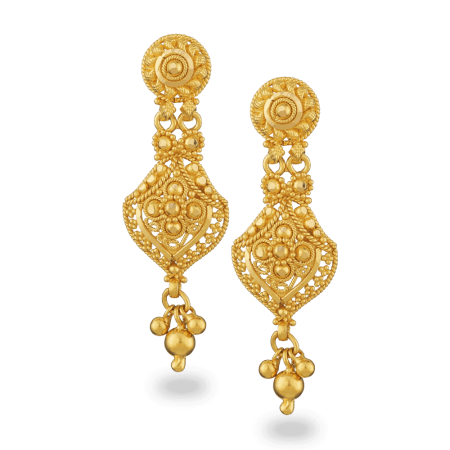 22ct Gold Dangle Filigree Earrings With Polki Stone 22ct Gold Dangle Filigree Earrings With Polki Stone