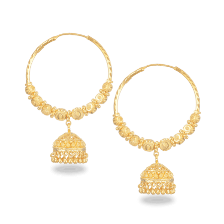 22ct Hoop Earrings with Floral Beads and Jhumki Drops 22ct Hoop Earrings with Floral Beads and Jhumki Drops
