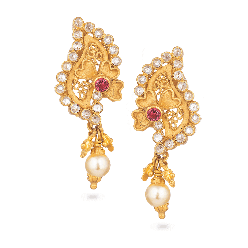 Yakut Aksanlı ve İnci Damlalı 22 Ayar Altın Polki Çiçekli Saplama Küpe Yakut Aksanlı ve İnci Damlalı 22 Ayar Altın Polki Çiçekli Saplama Küpe