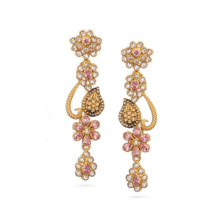 Anusha 22ct Gold Antique Floral Drop Earrings with Polki