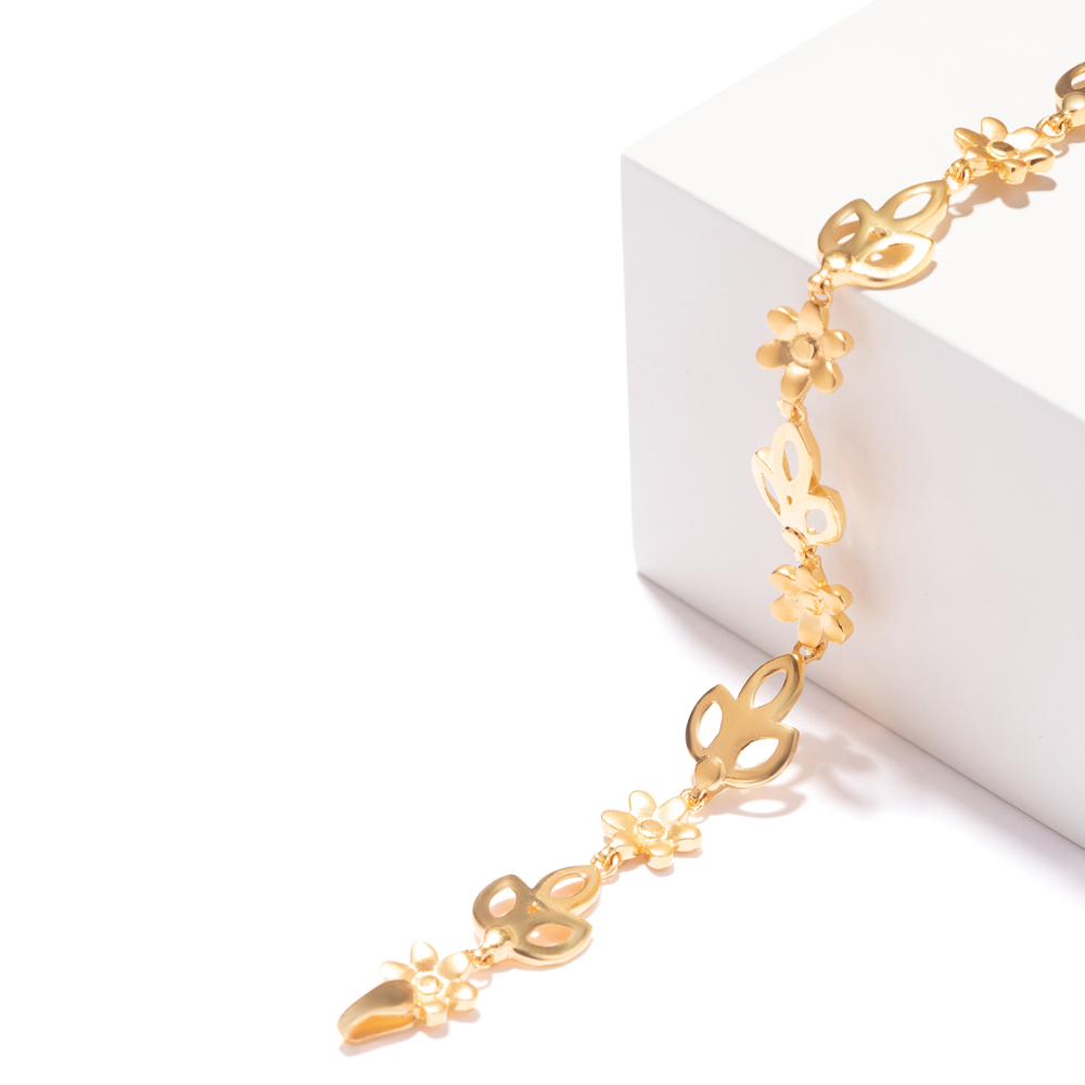 22 Ayar Sarı Altın Çiçek Yapraklı Link Bileklik 22 Ayar Sarı Altın Çiçek Yapraklı Link Bileklik
