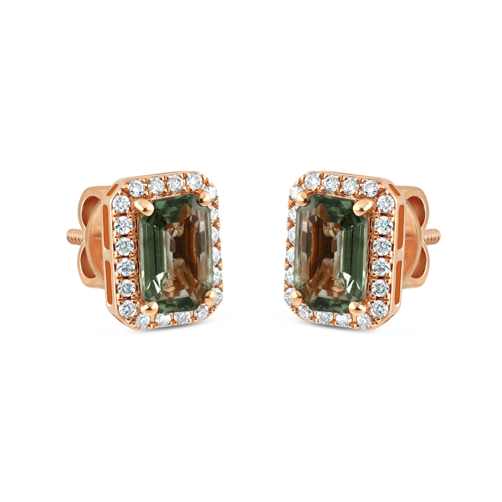 18ct Rose Gold Diamant und grüner Saphir Ohrstecker