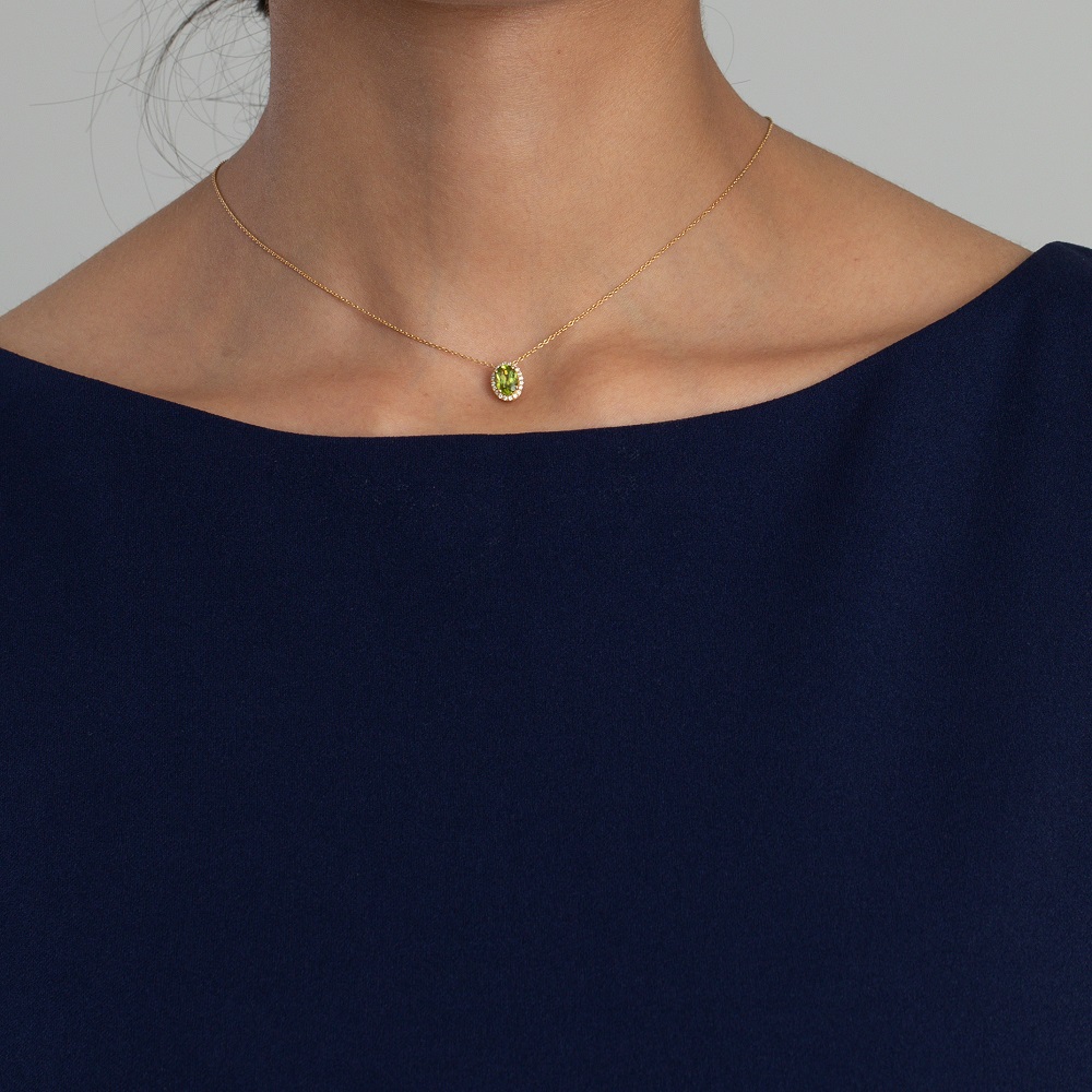 18 Ayar Sarı Altın Pırlanta ve Peridot Kolye | 18 İnç 18 Ayar Sarı Altın Pırlanta ve Peridot Kolye | 18 İnç