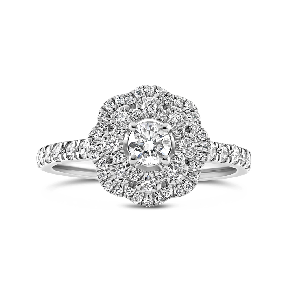 Blumenförmiger Ring aus Platin mit Diamant