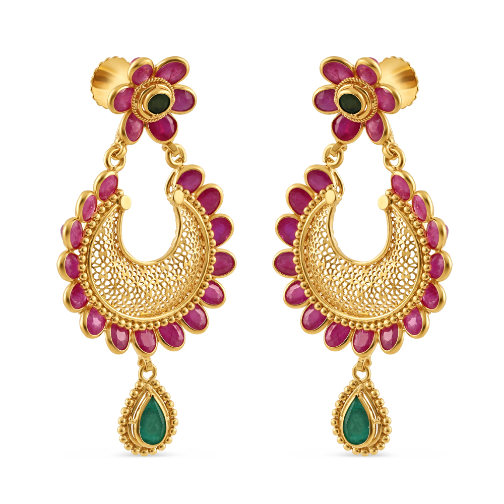 Tropfenohrring aus 22 Karat Gold mit Rubin und Smaragdstein