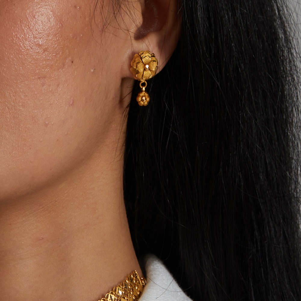 22ct Gold Stud Earring with Flower Dropper PureJewels
