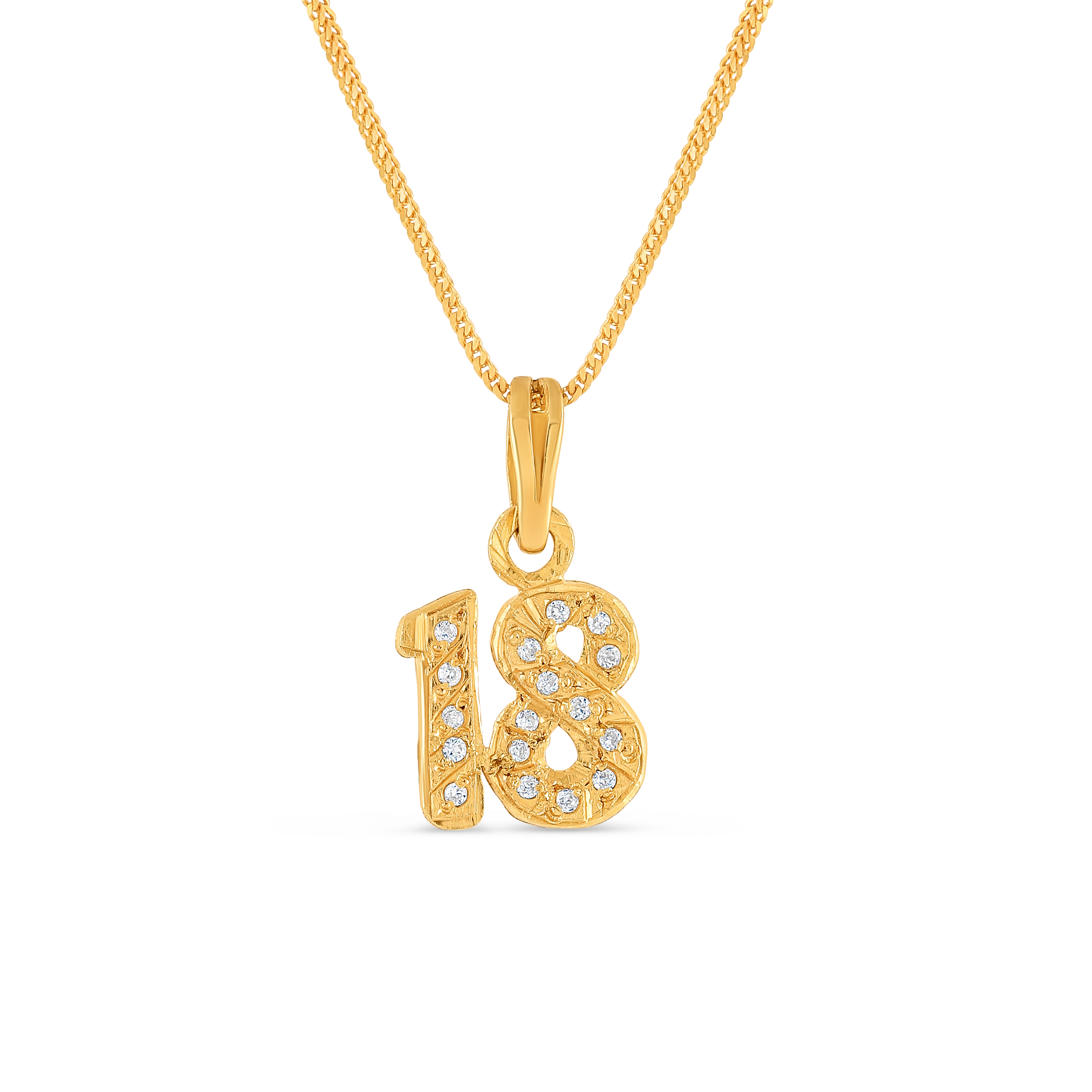 قلادة رقم 18 من الذهب عيار 22 قيراط مع حجر CZ قلادة رقم 18 من الذهب عيار 22 قيراط مع حجر CZ