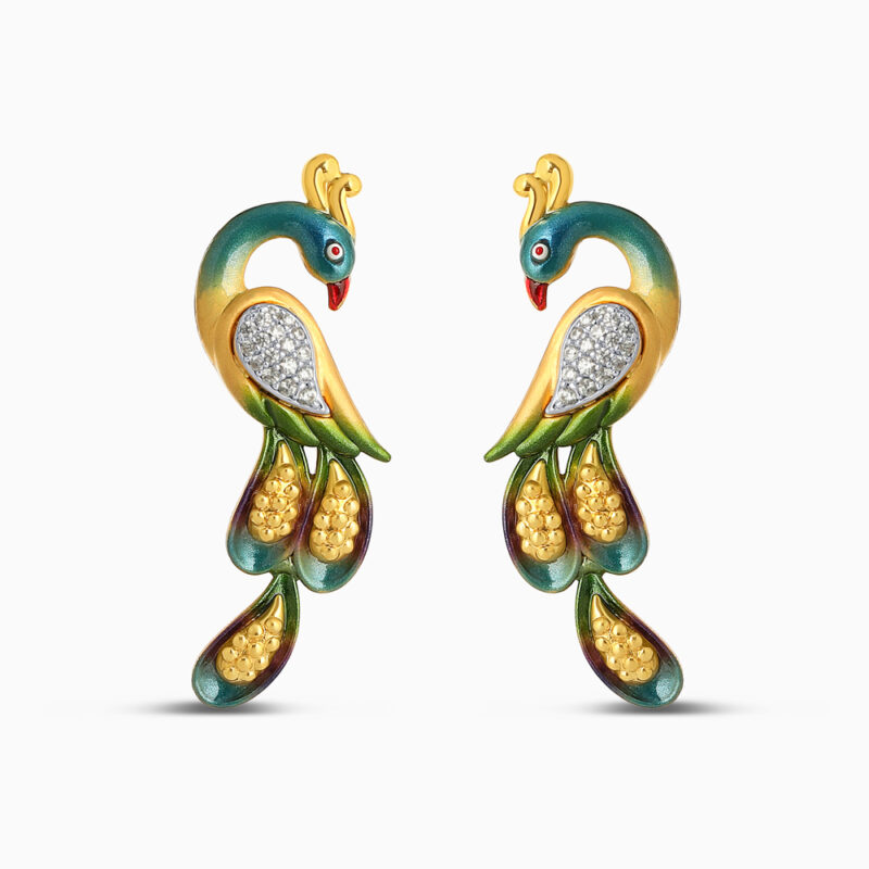 22 Ayar Altın Tavus Kuşu Şeklinde Saplama Küpe | Emaye Kaplamalı 22 Ayar Altın Tavus Kuşu Şeklinde Saplama Küpe | Emaye Kaplamalı