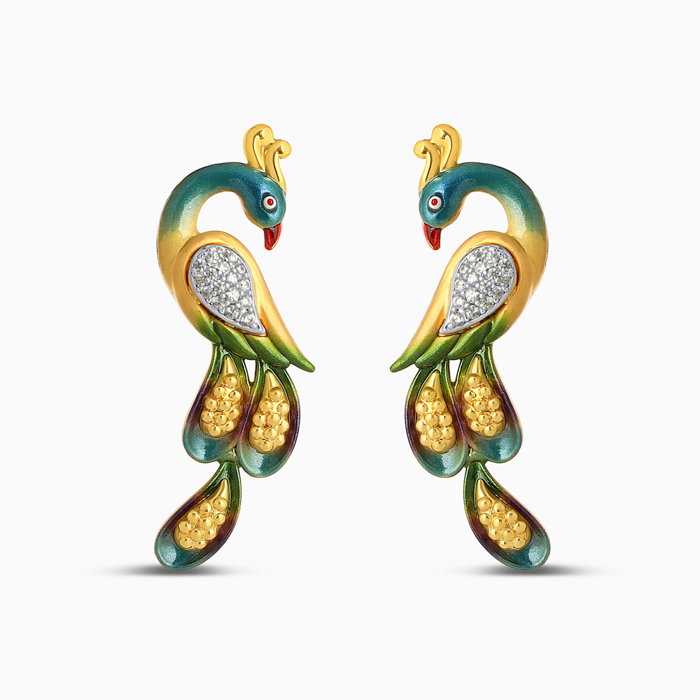 22 Ayar Altın Tavus Kuşu Şeklinde Saplama Küpe | Emaye Kaplamalı 22 Ayar Altın Tavus Kuşu Şeklinde Saplama Küpe | Emaye Kaplamalı