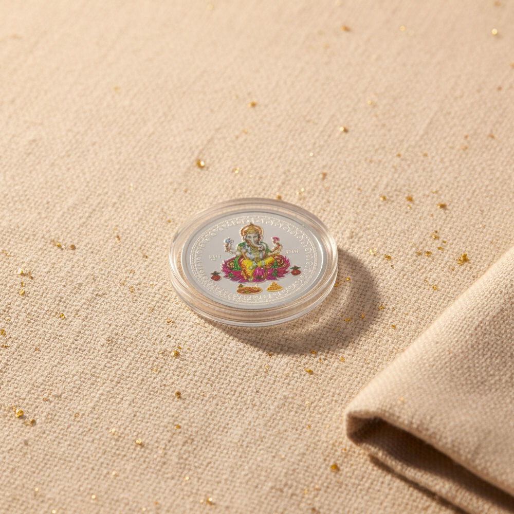 Gümüş Ganesh Coin - 20g, Canlı Renk Sürümü Gümüş Ganesh Coin - 20g, Canlı Renk Sürümü