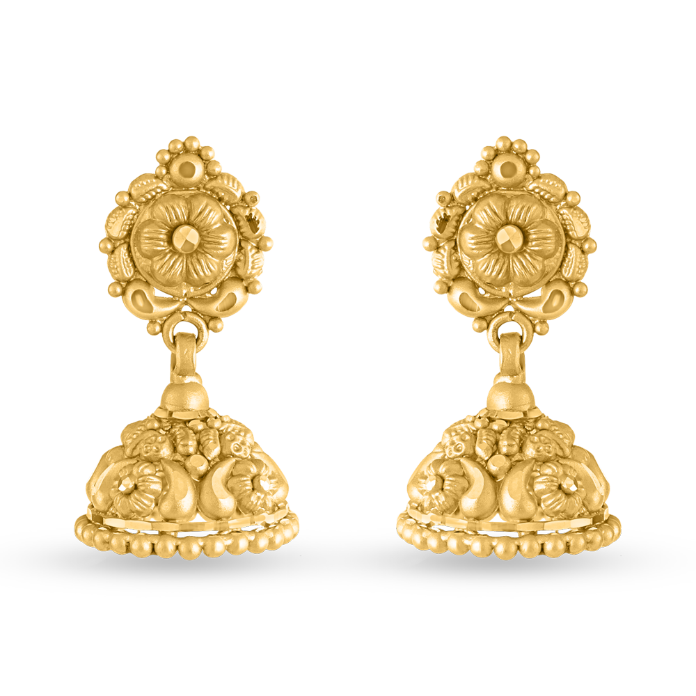 22 ayar altın çiçek desenli Jhumka küpeler 22 ayar altın çiçek desenli Jhumka küpeler