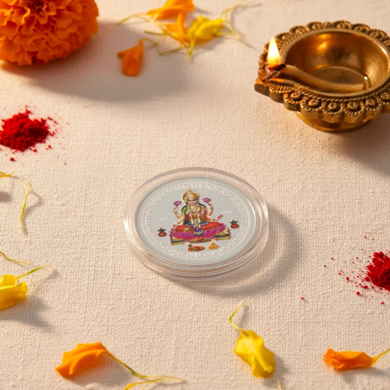 Silver Lakshmi Coin – 20g, Vibrant Color Edition Silver Lakshmi Coin – 20g, Vibrant Color Edition