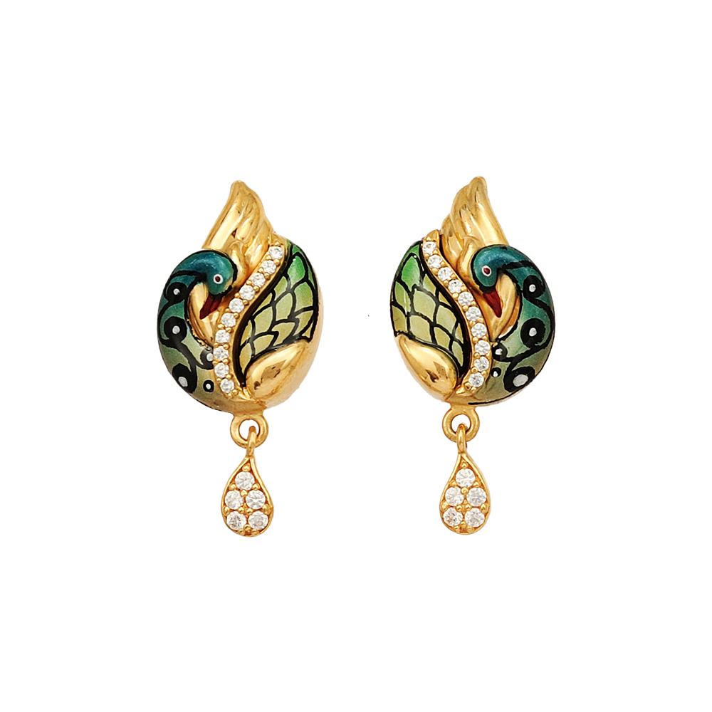 22 Ayar Altın Tavuskuşu Saplama Küpe | CZ Emaye Detaylı 22 Ayar Altın Tavuskuşu Saplama Küpe | CZ Emaye Detaylı